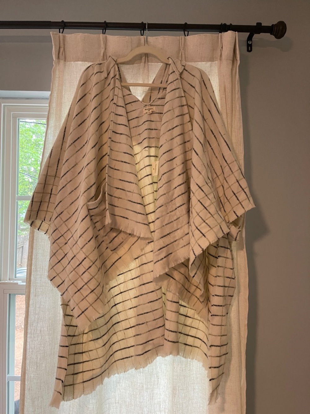 Cost Plus World Market Cream Poncho with Black Stripes